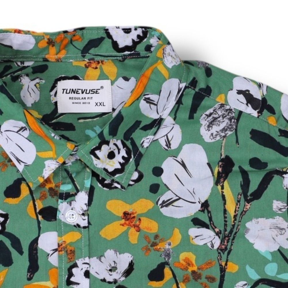 Tunevuse Shirt Men's XXL Green Floral Tropical Hawaiian Cotton‎ Party Camp Top